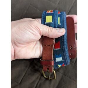 Women's navy embroidered nautical flag style belt by Leather Man Ltd, size M(32)